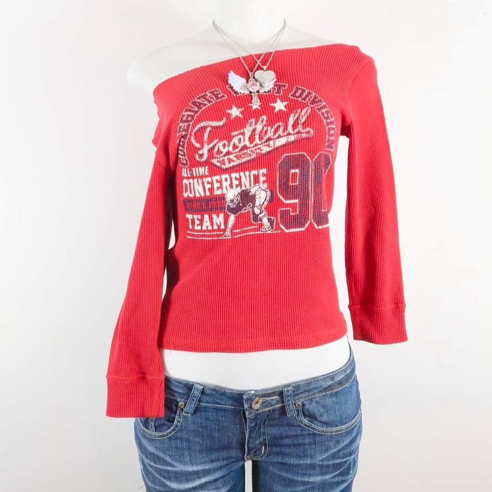 vintage y2k red football graphic off shoulder long sleeve top 2000s